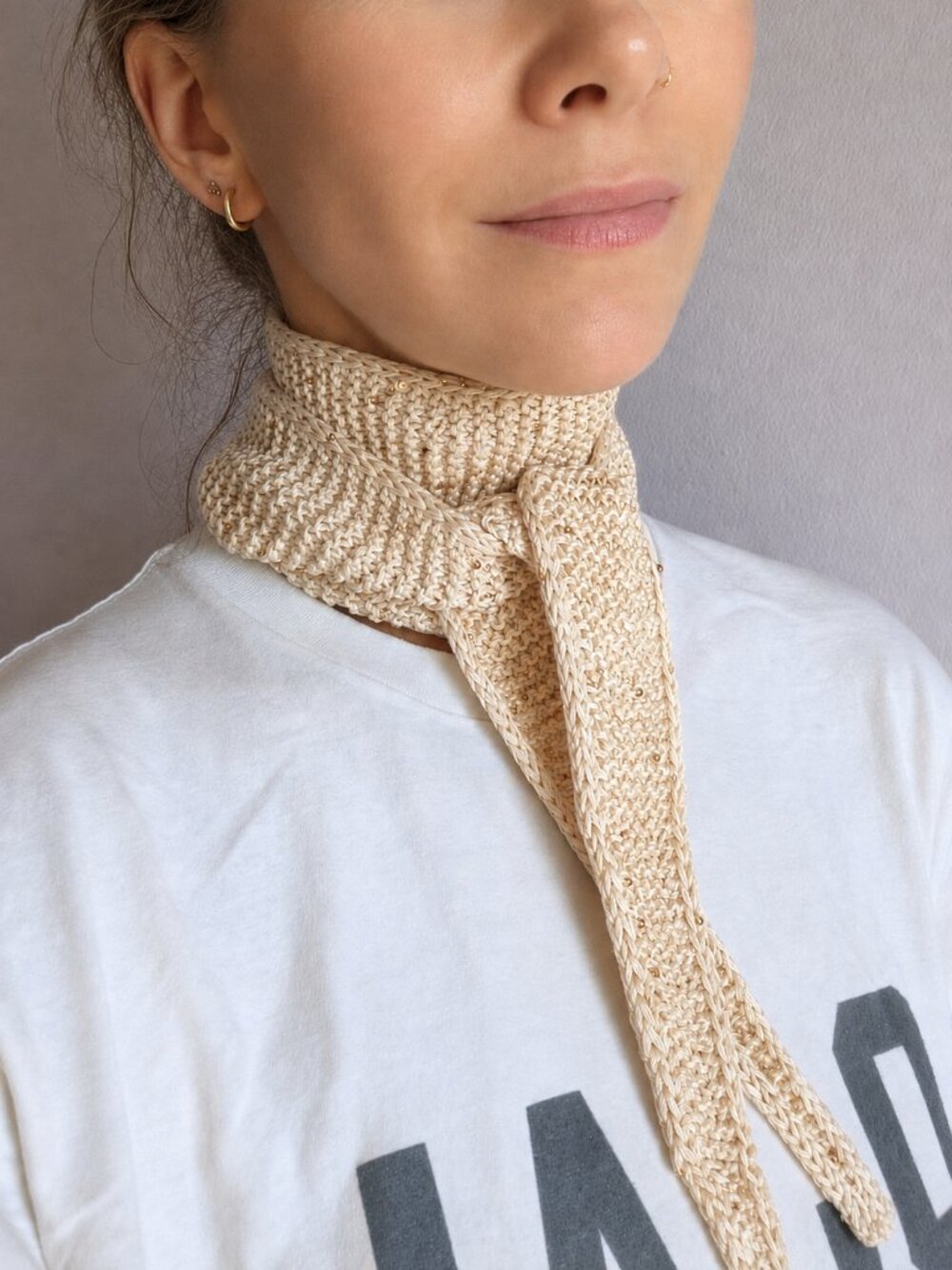 Handmade Sophie Scarf Linen Sequin Neck Tie Minimalist OS Ivory Gold